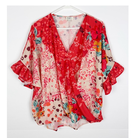 Umgee Be So Bold Top Medium Mixed Print Animal Floral Faux Wrap Ruffle Sleeve - Picture 6 of 6